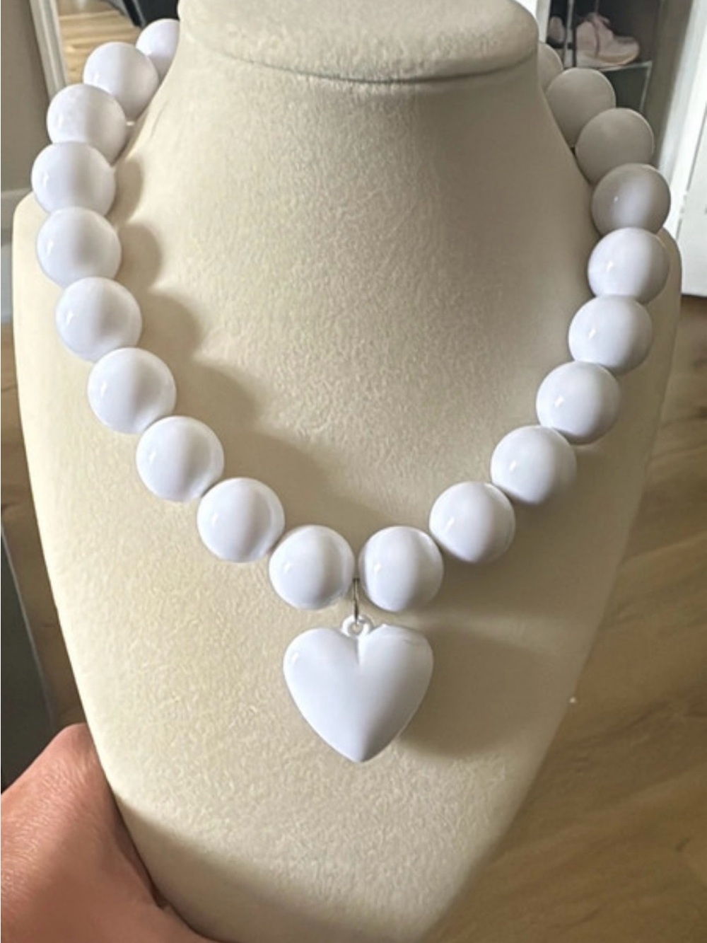 White Beaded Heart Pendant Necklace - Women Jewelry